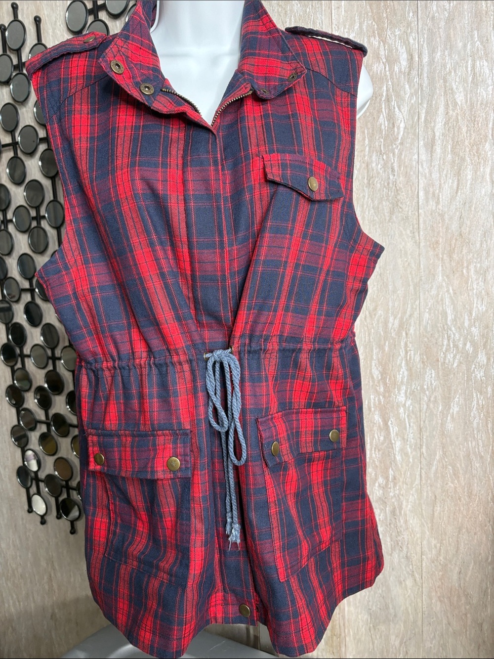 Blu Pepper Red and Navy Plaid Drawstring Vest Dress